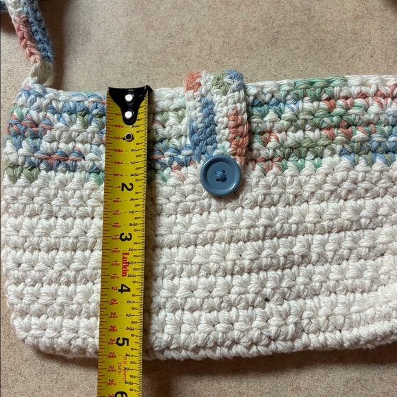 New Handcrafted Crochet Ivory With Blue/Pink/Green Crossbody Tote Bag - Picture 6 of 8